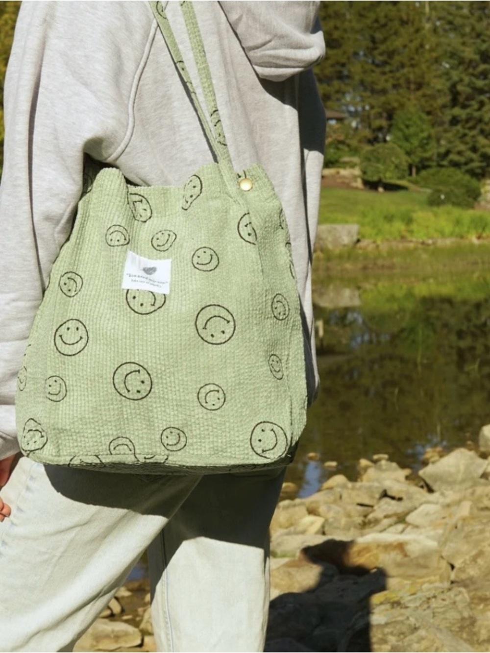 Smiley Print Tote Bag in Light Green - Casual Everyday Shoulder Tote